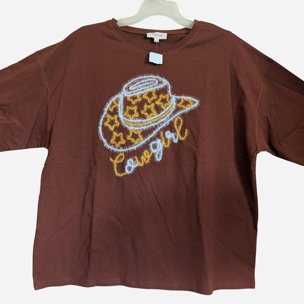 Peach Love Womens Oversized Cowgirl Hat Neon 3D Sparkle T-Shirt Brown Large